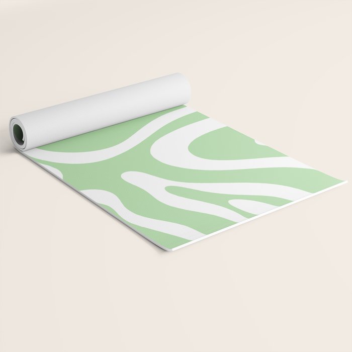 Modern Retro Liquid Swirl Abstract Pattern in Light Matcha Tea Green and White Yoga Mat Gallery Image 2