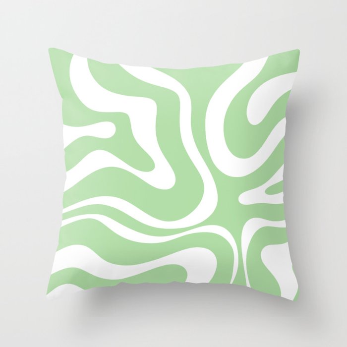 Modern Retro Liquid Swirl Abstract Pattern in Light Matcha Tea Green and White Throw Pillow Gallery Image 6