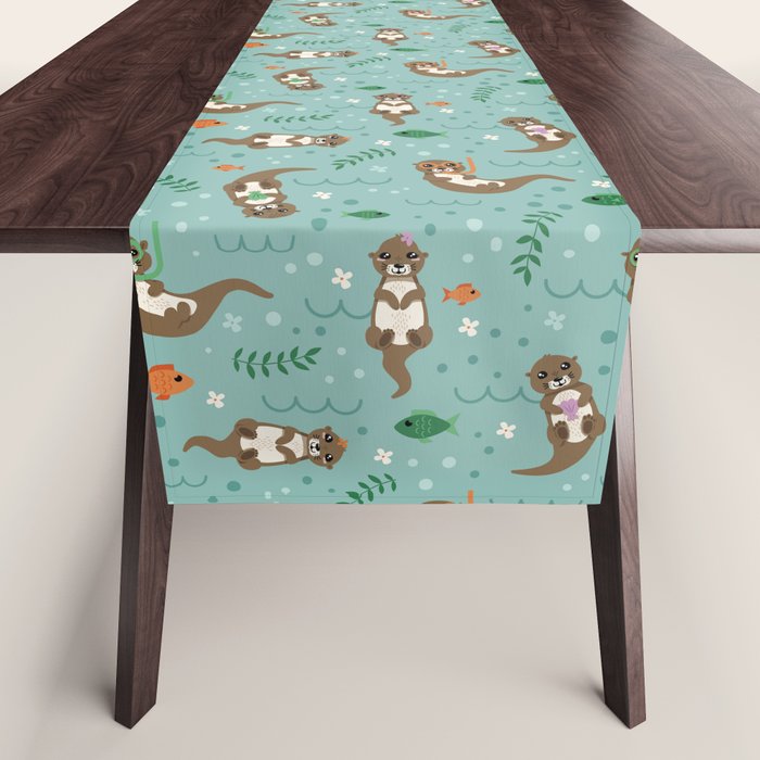 Kawaii Otters Playing Underwater Table Runner Gallery Image 1