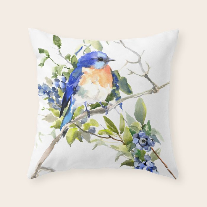 Bluebird and Blueberry Throw Pillow Gallery Image 1