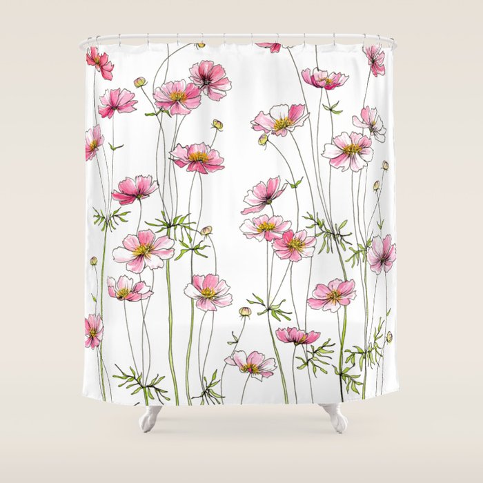 Pink Cosmos Flowers Shower Curtain Gallery Image 1