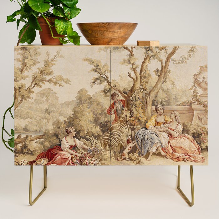 Antique 18th Century Romantic Pastoral Scene French Aubusson Tapestry Credenza Gallery Image 1