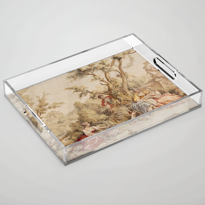 Antique 18th Century Romantic Pastoral Scene French Aubusson Tapestry Acrylic Tray Gallery Image 1