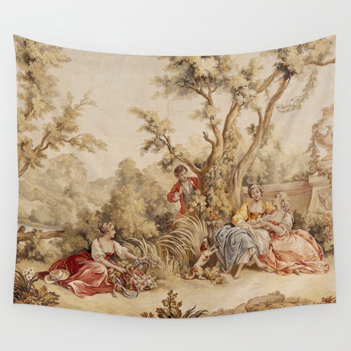 Antique 18th Century Romantic Pastoral Scene French Aubusson Tapestry Wall Tapestry Gallery Image 1