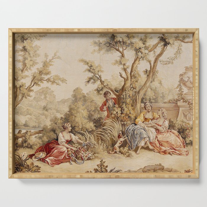 Antique 18th Century Romantic Pastoral Scene French Aubusson Tapestry Serving Tray Gallery Image 1