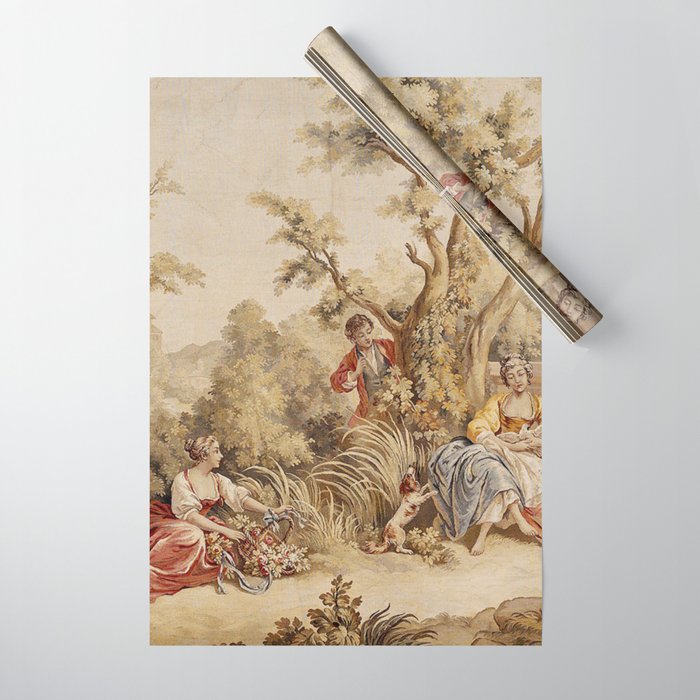 Antique 18th Century Romantic Pastoral Scene French Aubusson Tapestry Wrapping Paper Gallery Image 1