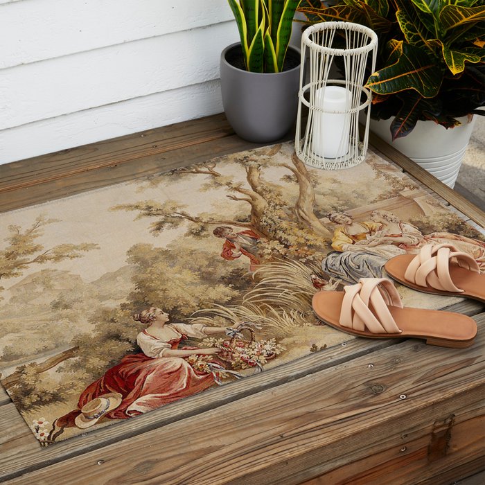 Antique 18th Century Romantic Pastoral Scene French Aubusson Tapestry Outdoor Rug Gallery Image 2
