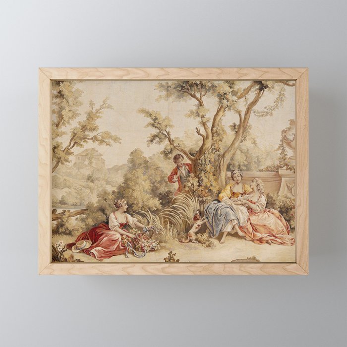 Antique 18th Century Romantic Pastoral Scene French Aubusson Tapestry Mini Art Print Gallery Image 1