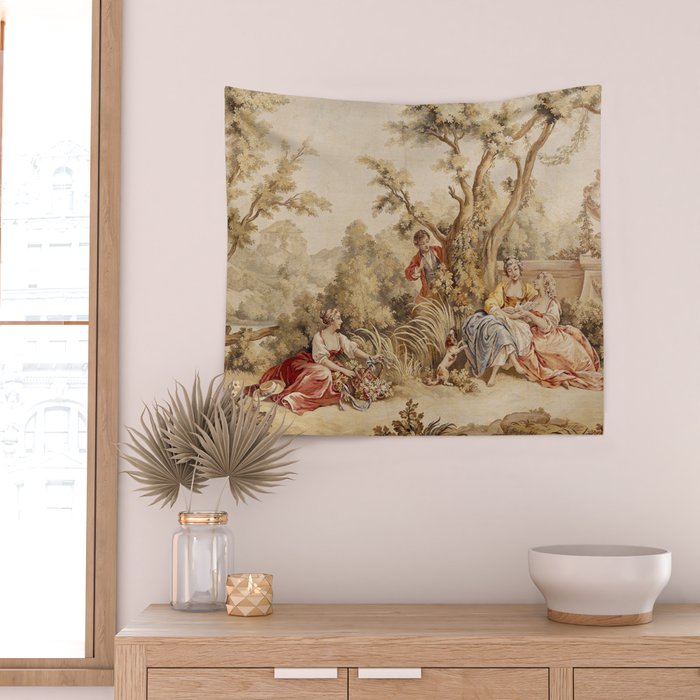 Antique 18th Century Romantic Pastoral Scene French Aubusson Tapestry Wall Tapestry Gallery Image 2