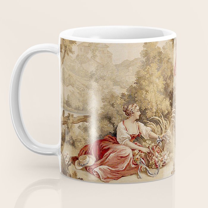 Antique 18th Century Romantic Pastoral Scene French Aubusson Tapestry Coffee Mug Gallery Image 3