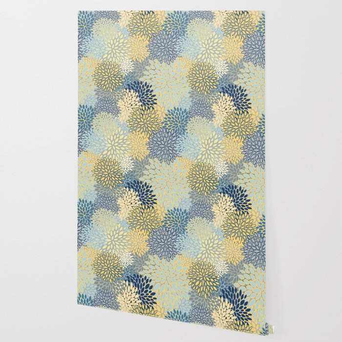 Floral Print, Yellow, Gray, Blue, Teal Wallpaper Gallery Image 2