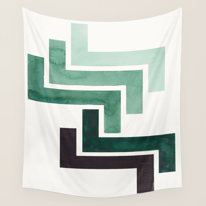 Deep Green Pattern Mid-century Modern Simple Geometric Pattern Watercolor Minimalist Art Squares Wall Tapestry Gallery Image 4