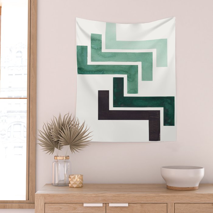 Deep Green Pattern Mid-century Modern Simple Geometric Pattern Watercolor Minimalist Art Squares Wall Tapestry Gallery Image 2