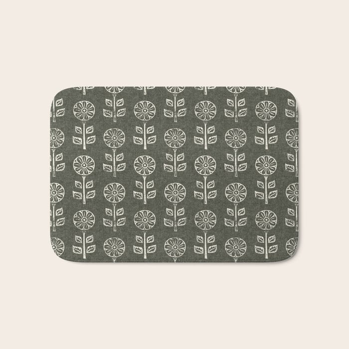 block print floral - dark olive Bath Mat Gallery Image 1