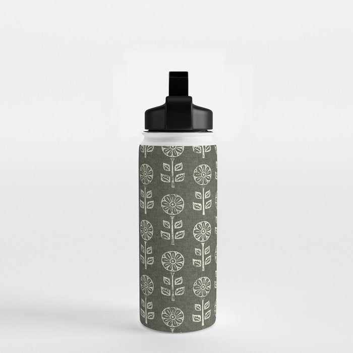 block print floral - dark olive Water Bottle Gallery Image 2