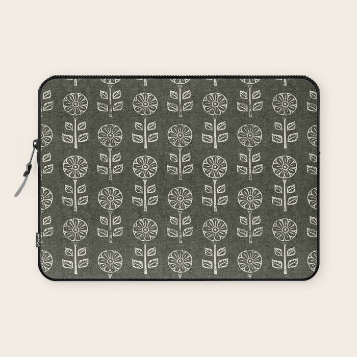 block print floral - dark olive Laptop Sleeve Gallery Image 1