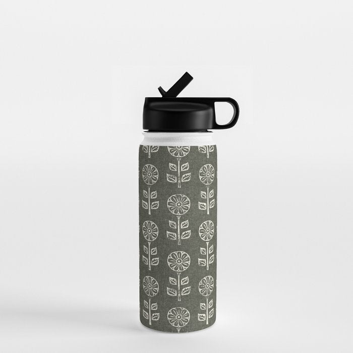block print floral - dark olive Water Bottle Gallery Image 1