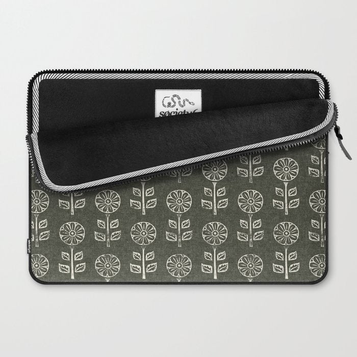 block print floral - dark olive Laptop Sleeve Gallery Image 2