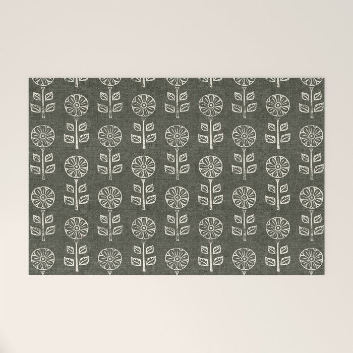 block print floral - dark olive Welcome Mat Gallery Image 1