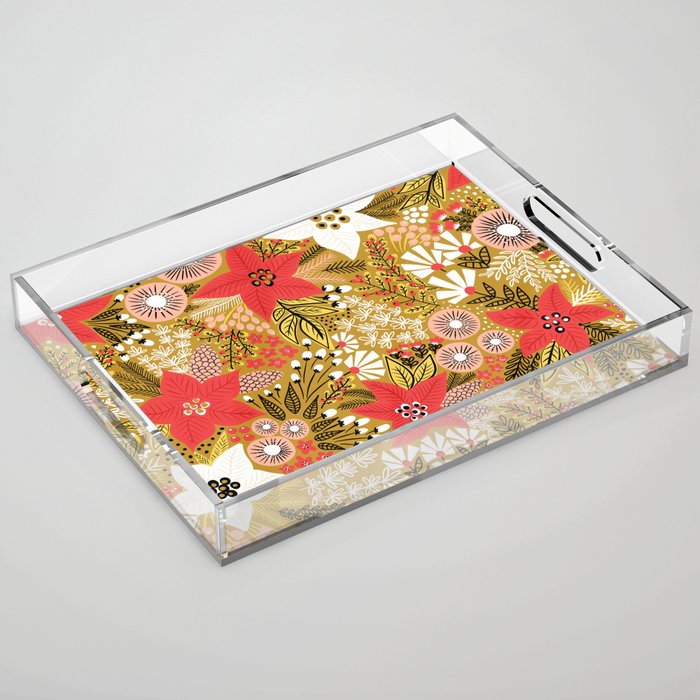 Christmas Poinsettia Flowers Gold Pattern Acrylic Tray Gallery Image 1