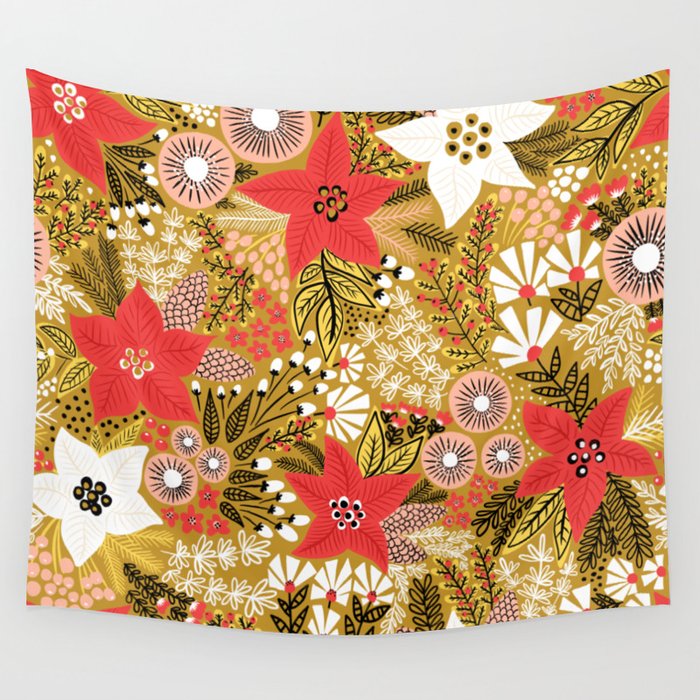 Christmas Poinsettia Flowers Gold Pattern Wall Tapestry Gallery Image 1