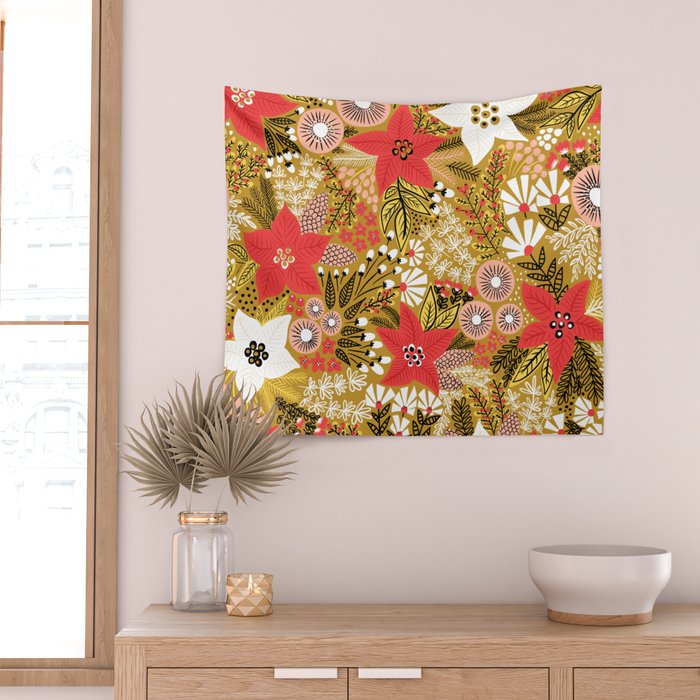 Christmas Poinsettia Flowers Gold Pattern Wall Tapestry Gallery Image 2