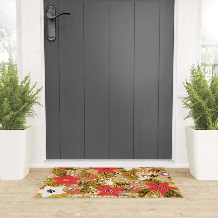 Christmas Poinsettia Flowers Gold Pattern Welcome Mat Gallery Image 3