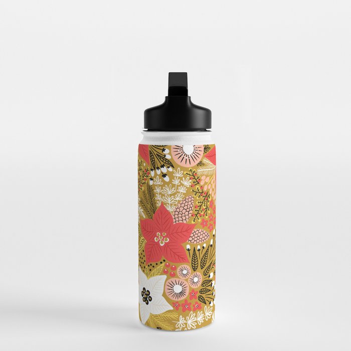 Christmas Poinsettia Flowers Gold Pattern Water Bottle Gallery Image 3
