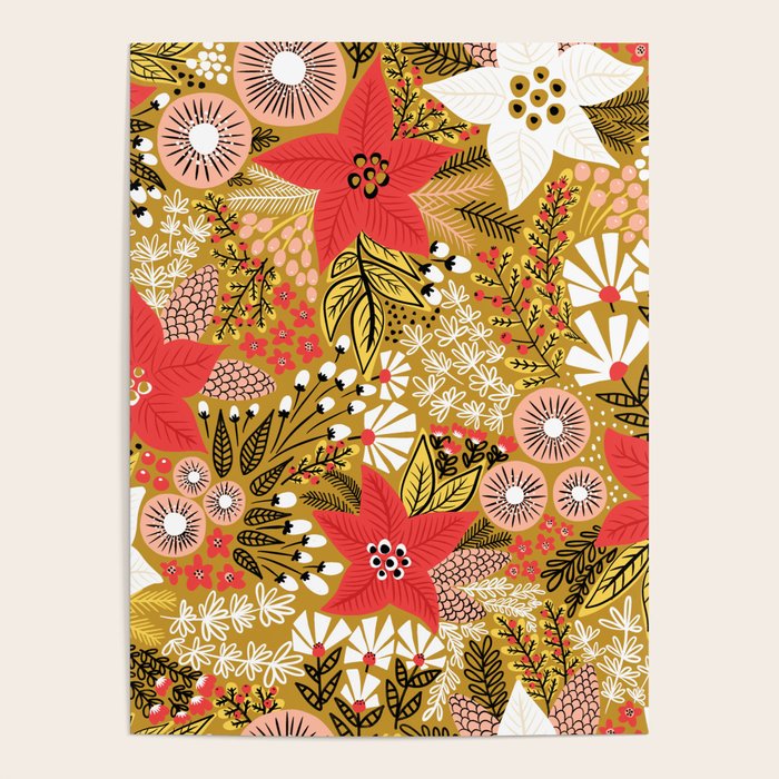 Christmas Poinsettia Flowers Gold Pattern Poster Gallery Image 4