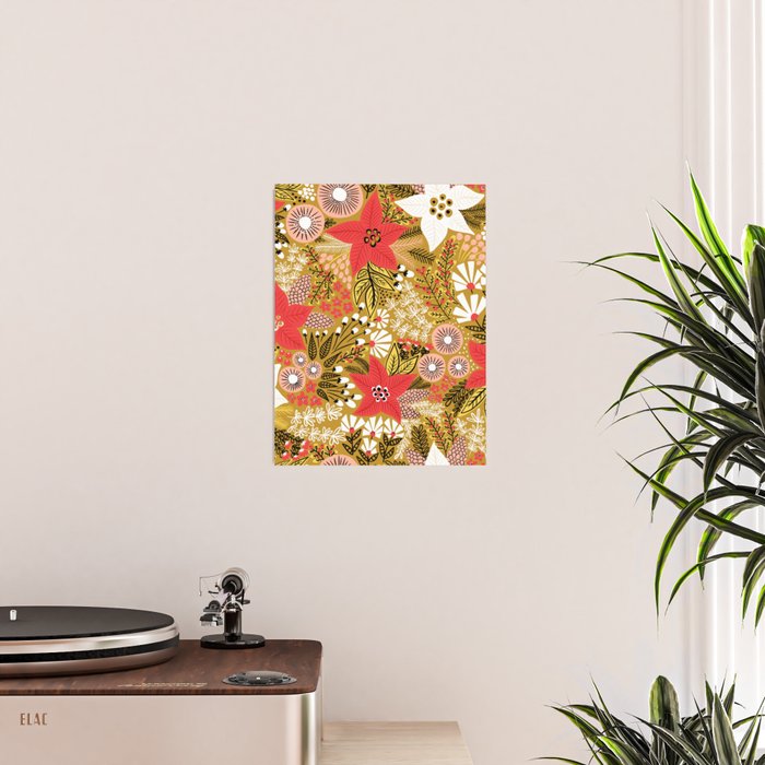 Christmas Poinsettia Flowers Gold Pattern Poster Gallery Image 2