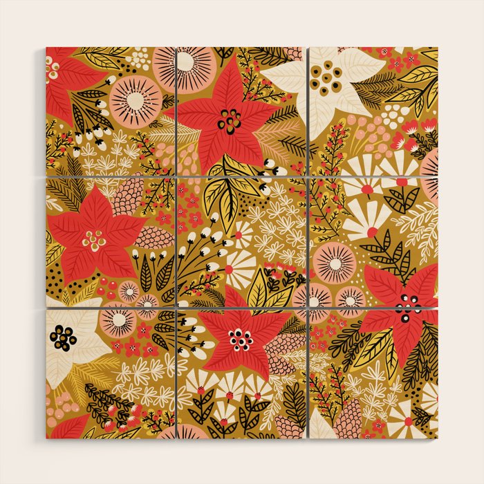 Christmas Poinsettia Flowers Gold Pattern Wood Wall Art Gallery Image 1