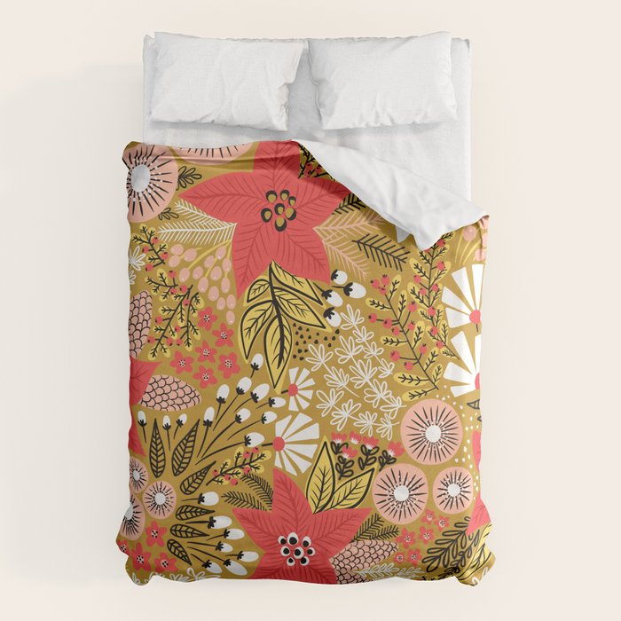 Christmas Poinsettia Flowers Gold Pattern Duvet Cover Gallery Image 1