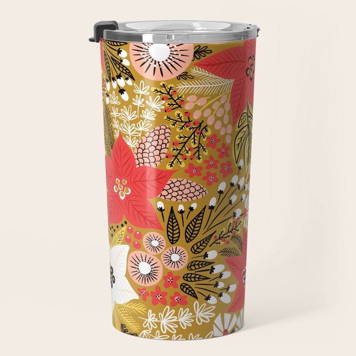 Christmas Poinsettia Flowers Gold Pattern Travel Mug Gallery Image 3