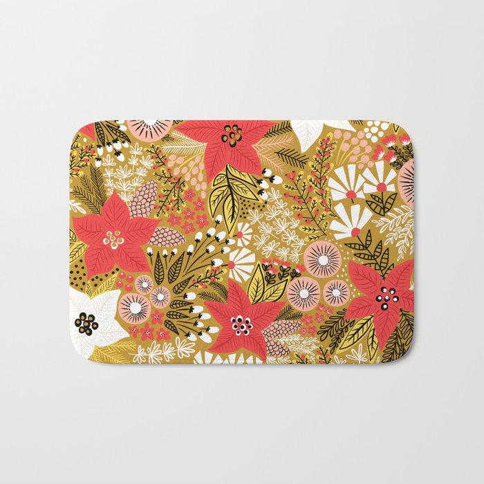 Christmas Poinsettia Flowers Gold Pattern Bath Mat Gallery Image 1