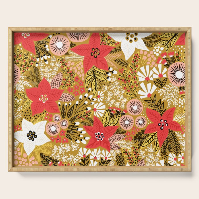 Christmas Poinsettia Flowers Gold Pattern Serving Tray Gallery Image 1