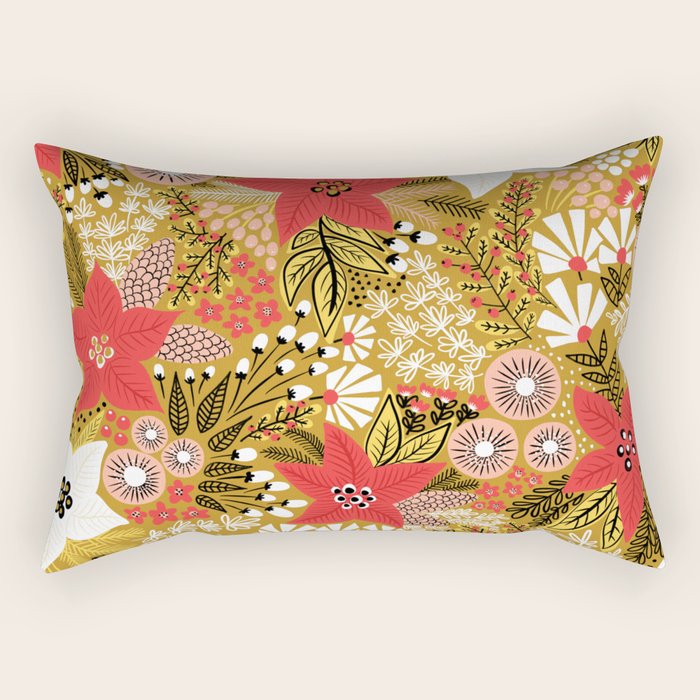 Christmas Poinsettia Flowers Gold Pattern Rectangular Pillow Gallery Image 1