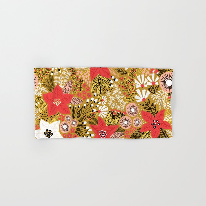 Christmas Poinsettia Flowers Gold Pattern Bath Towel Gallery Image 1