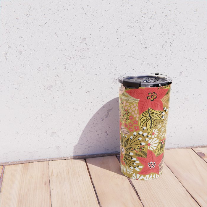 Christmas Poinsettia Flowers Gold Pattern Travel Mug Gallery Image 4