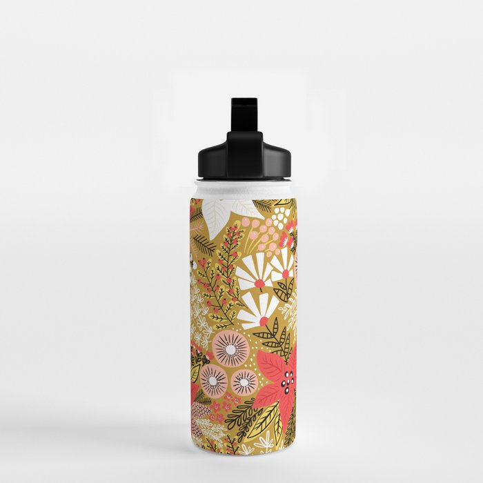Christmas Poinsettia Flowers Gold Pattern Water Bottle Gallery Image 2