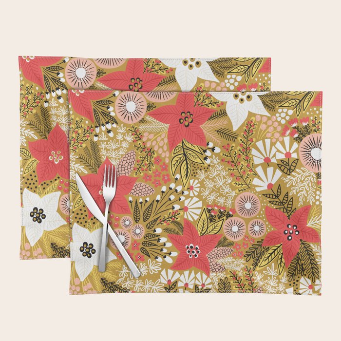 Christmas Poinsettia Flowers Gold Pattern Placemat Gallery Image 1
