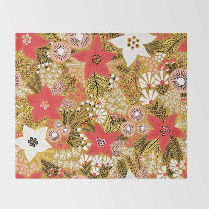 Christmas Poinsettia Flowers Gold Pattern Throw Blanket Gallery Image 2