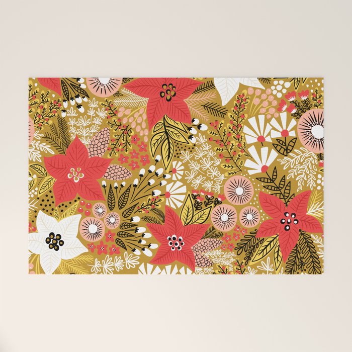 Christmas Poinsettia Flowers Gold Pattern Welcome Mat Gallery Image 1