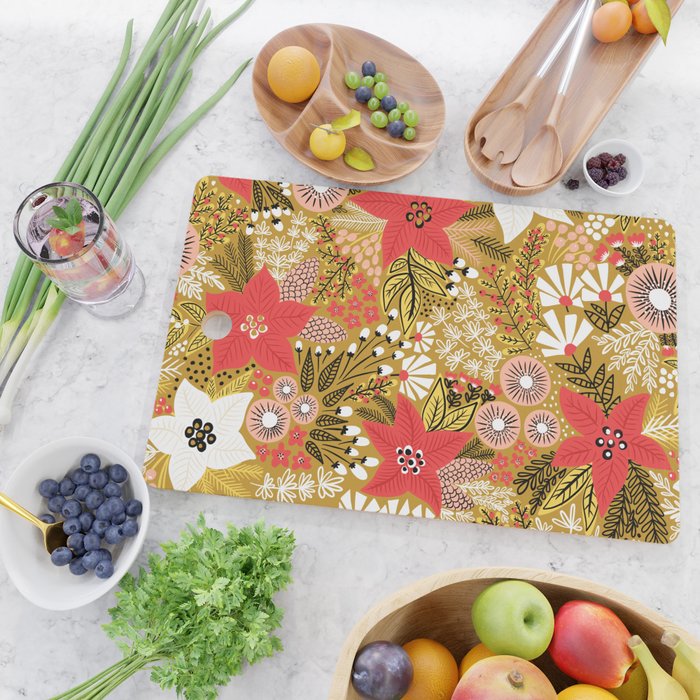 Christmas Poinsettia Flowers Gold Pattern Cutting Board Gallery Image 2