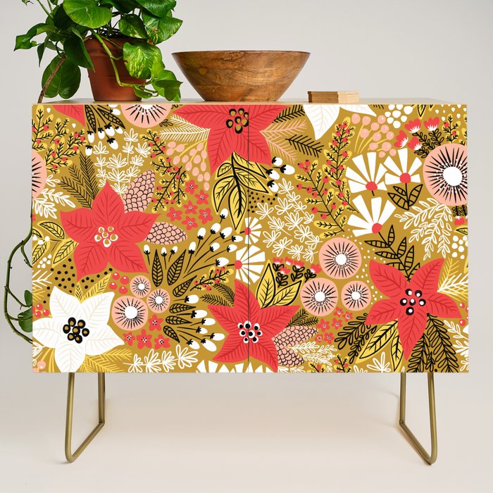 Christmas Poinsettia Flowers Gold Pattern Credenza Gallery Image 1