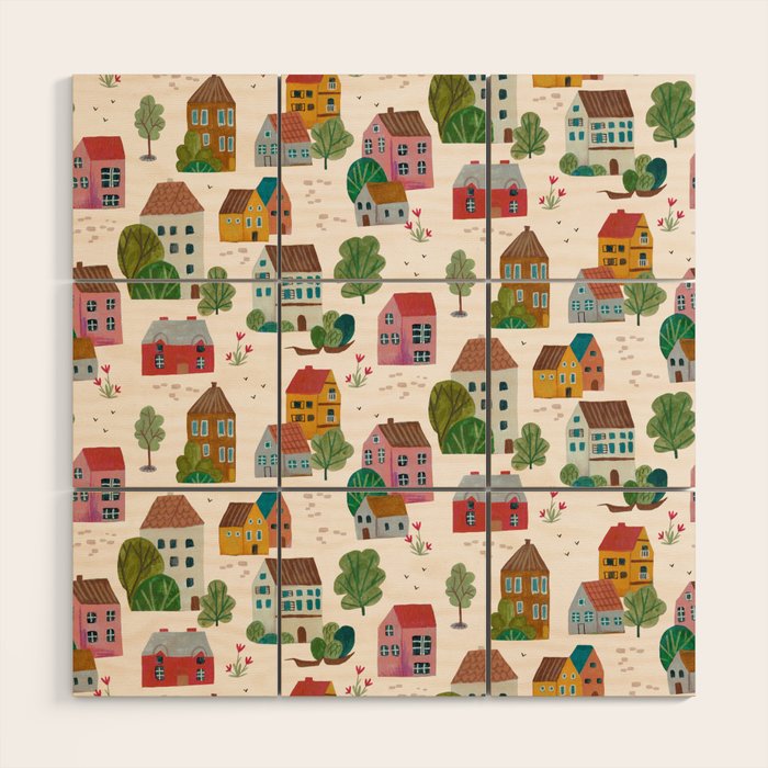 Cozy Village House Pattern Wood Wall Art Gallery Image 1