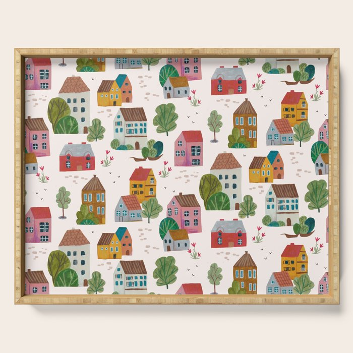Cozy Village House Pattern Serving Tray Gallery Image 1