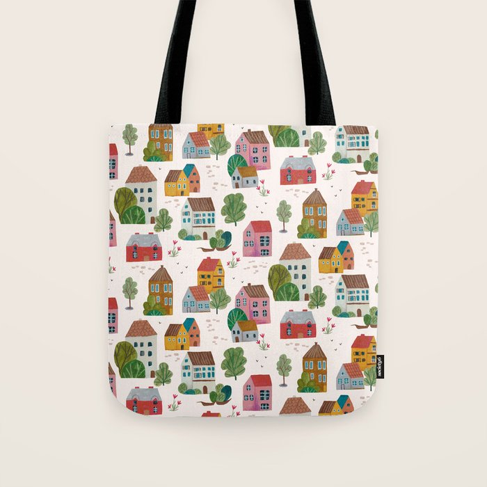 Cozy Village House Pattern Tote Bag Gallery Image 1