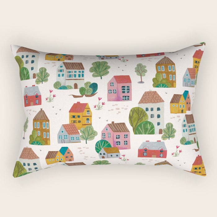 Cozy Village House Pattern Rectangular Pillow Gallery Image 2