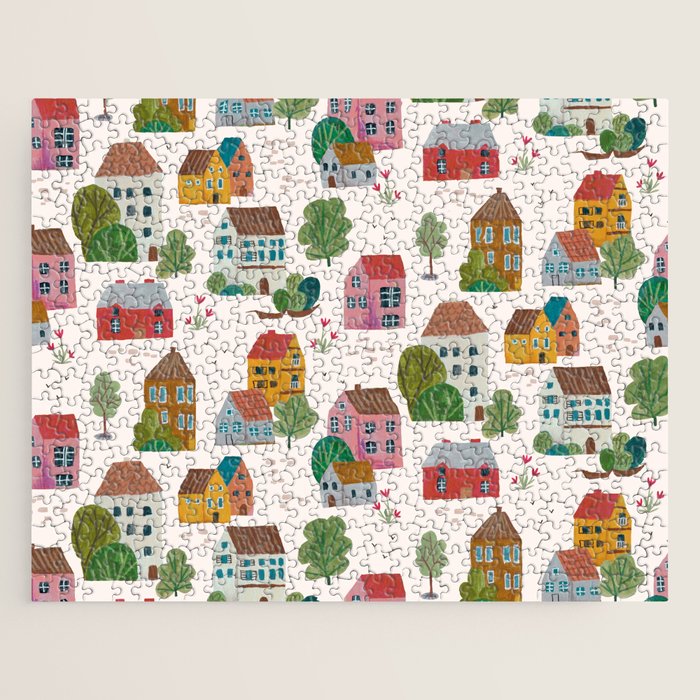 Cozy Village House Pattern Jigsaw Puzzle Gallery Image 1