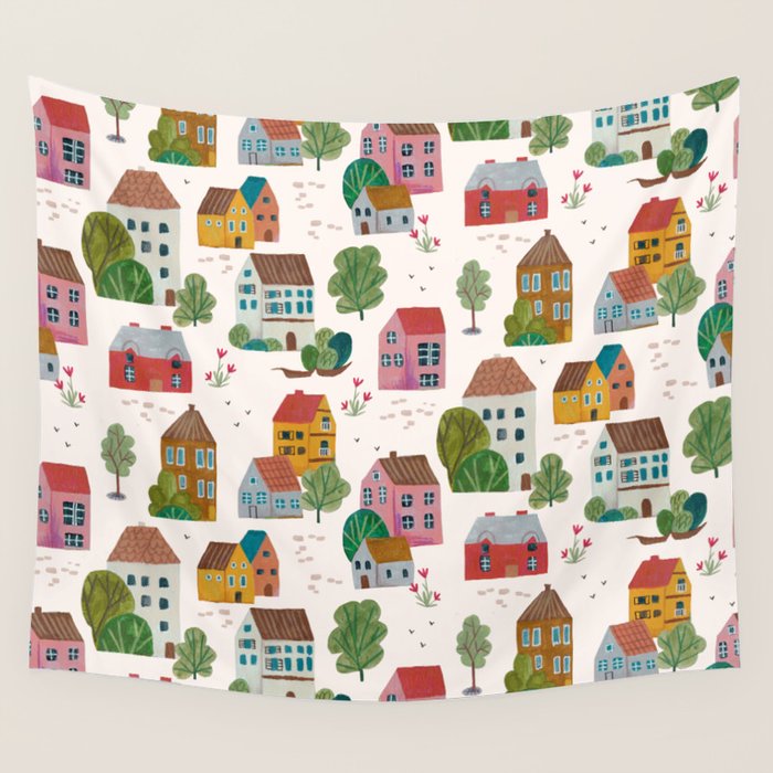 Cozy Village House Pattern Wall Tapestry Gallery Image 4